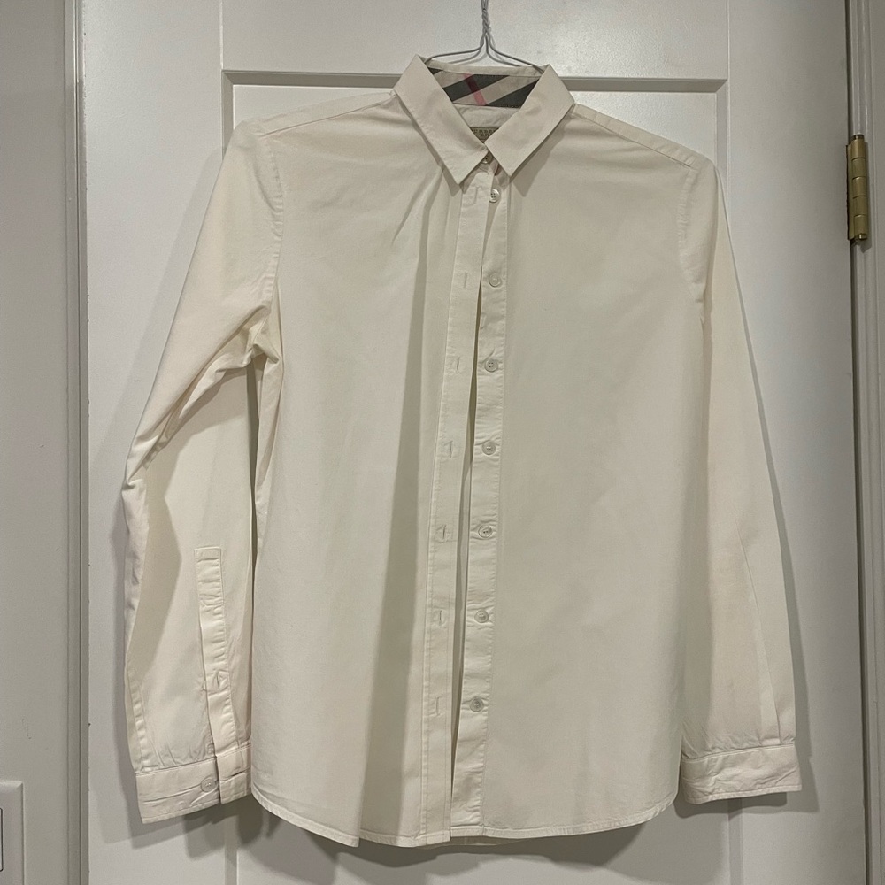 Burberry Brit Women's White Button Down with Signature plaid Cuffs & Collar